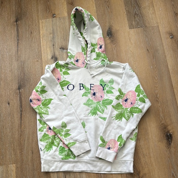 Obey Other - Obey Cream Hoodie with Pink and Green Floral Design